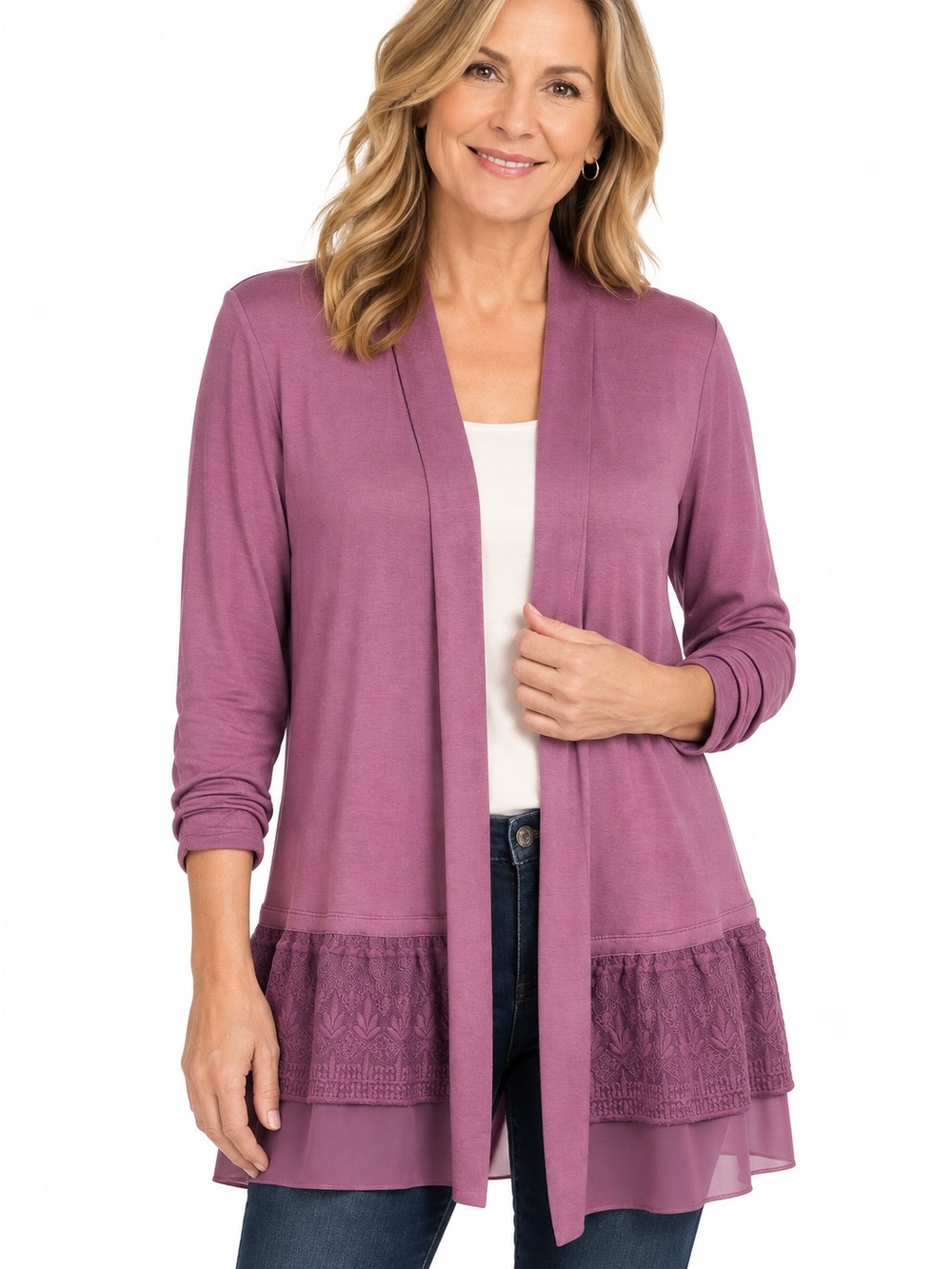 LOGO LORI GOLDSTEIN Mauve Open-Front Peplum Lace Trim Cardigan Medium